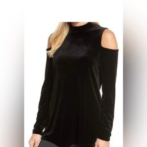 Halogen Black Velvet Cold Shoulder Mock Neck Velour Tunic Top Size Small Elegant